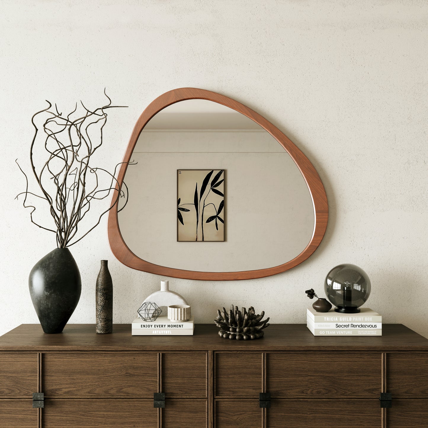 Solid Wood Mirror 45 Inch Asymmetrical Wall Mirror Wooden Framed Mirror Large Sized Dressing Mirror