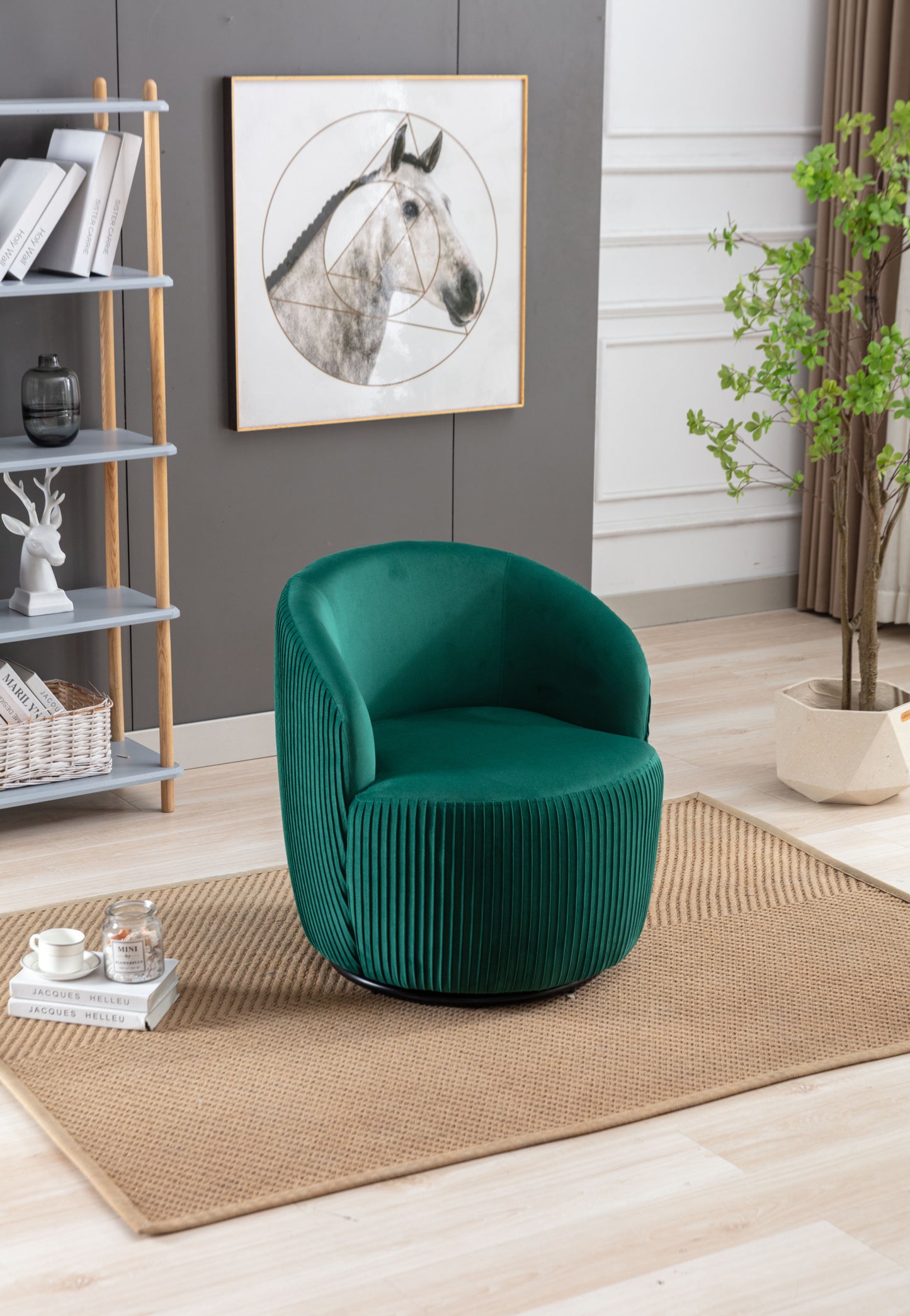 Velvet Fabric Swivel Accent Armchair Barrel Chair With Black Powder Coating Metal Ring,Green