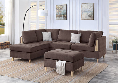 3 Piece Sectional Set with Ottoman Upholstered in Chenille Color Chocolate