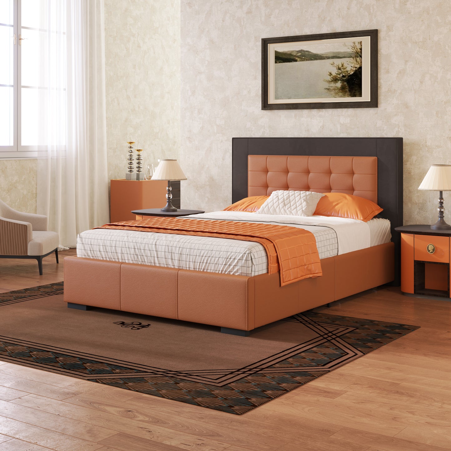 Modern Style Upholstered Queen Platform Bed Frame with Four Drawers, Button Tufted Headboard with PU Leather and Velvet, Two Color, Orange and Brown