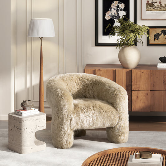 Avalon 35' Genuine Sheepskin Fur Split Barrel Back Accent Chair, Natural Blonde Genuine Fur