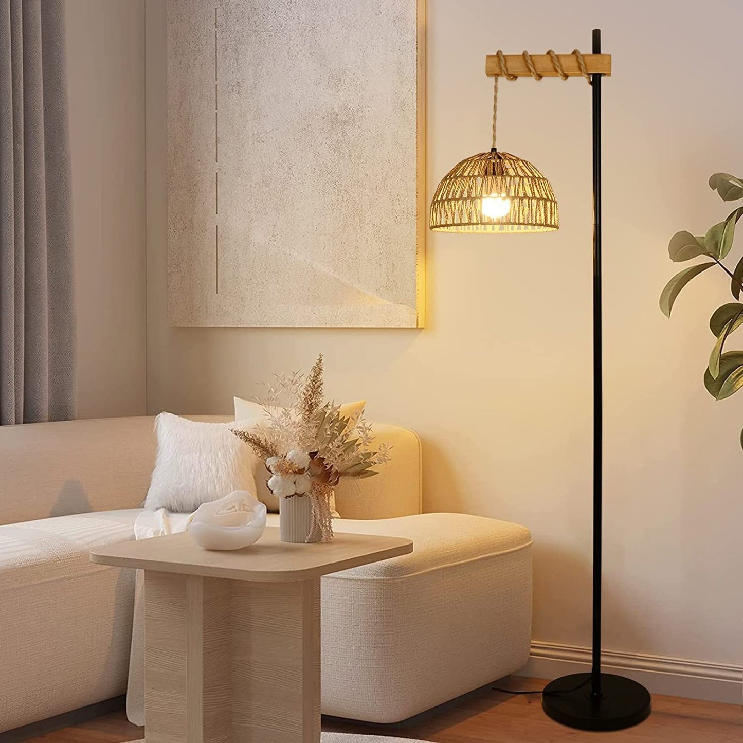 Smart Floor Lamp with Remote Control & APP, Tall Standing Lamp with Rattan Lampshade