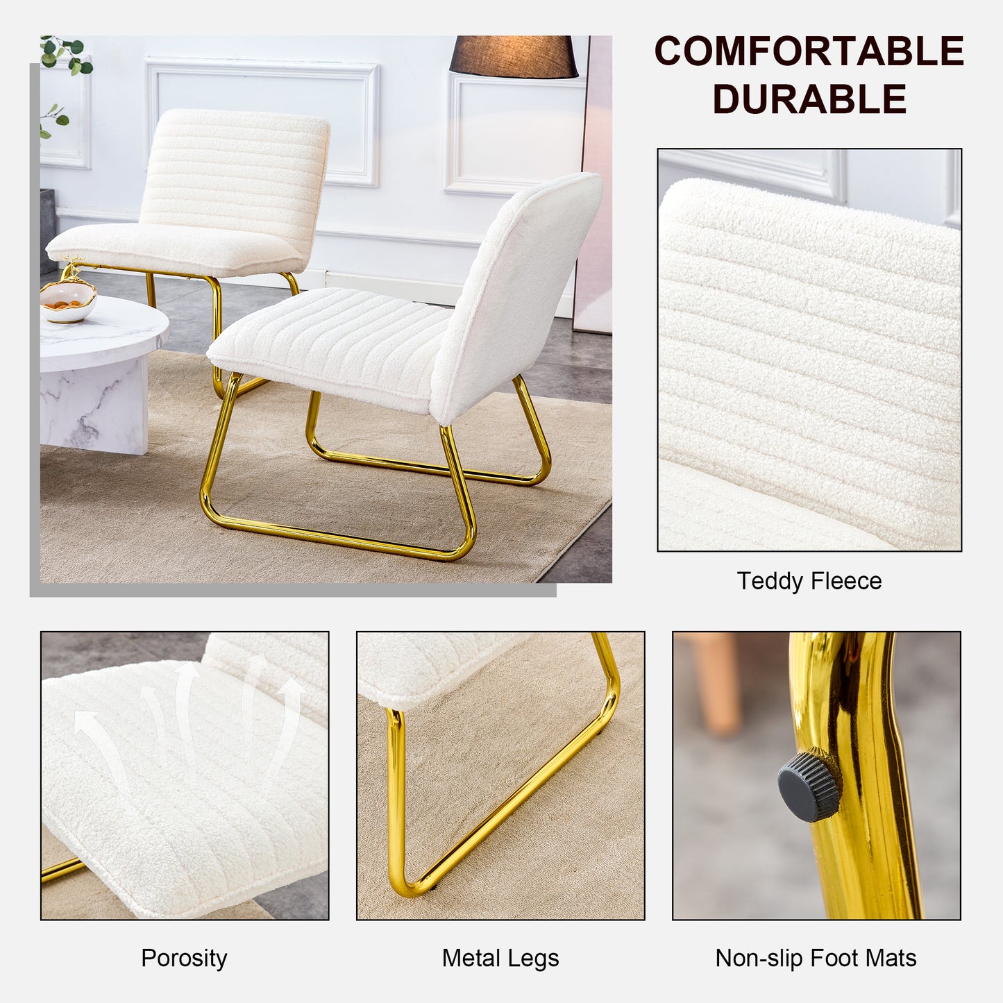 One White minimalist armless sofa chair with plush cushion and backrest paired with golden metal legs