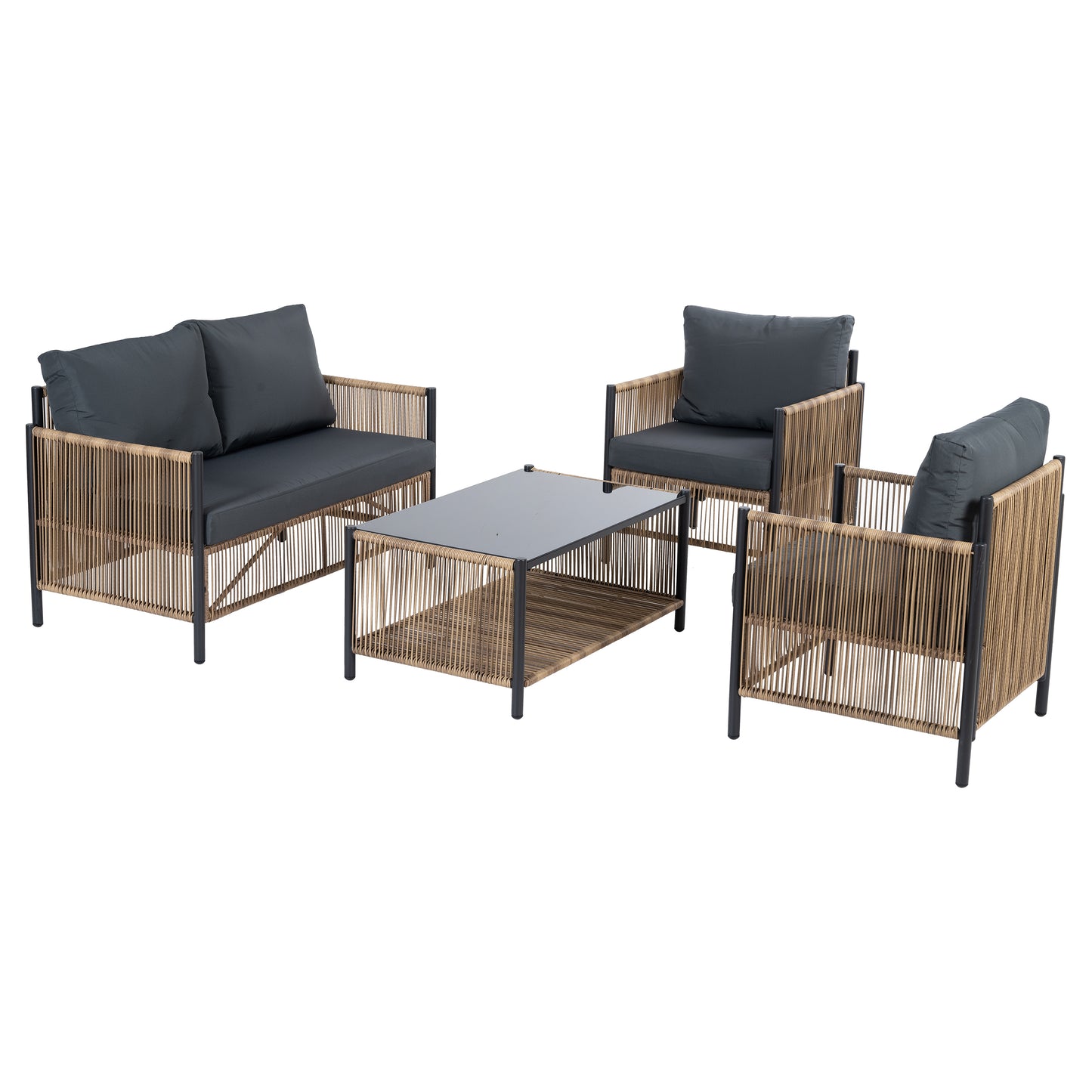 OUTDOOR Patio 4 Pieces Brown PE Wicker Sofa Set with Grey Cushion