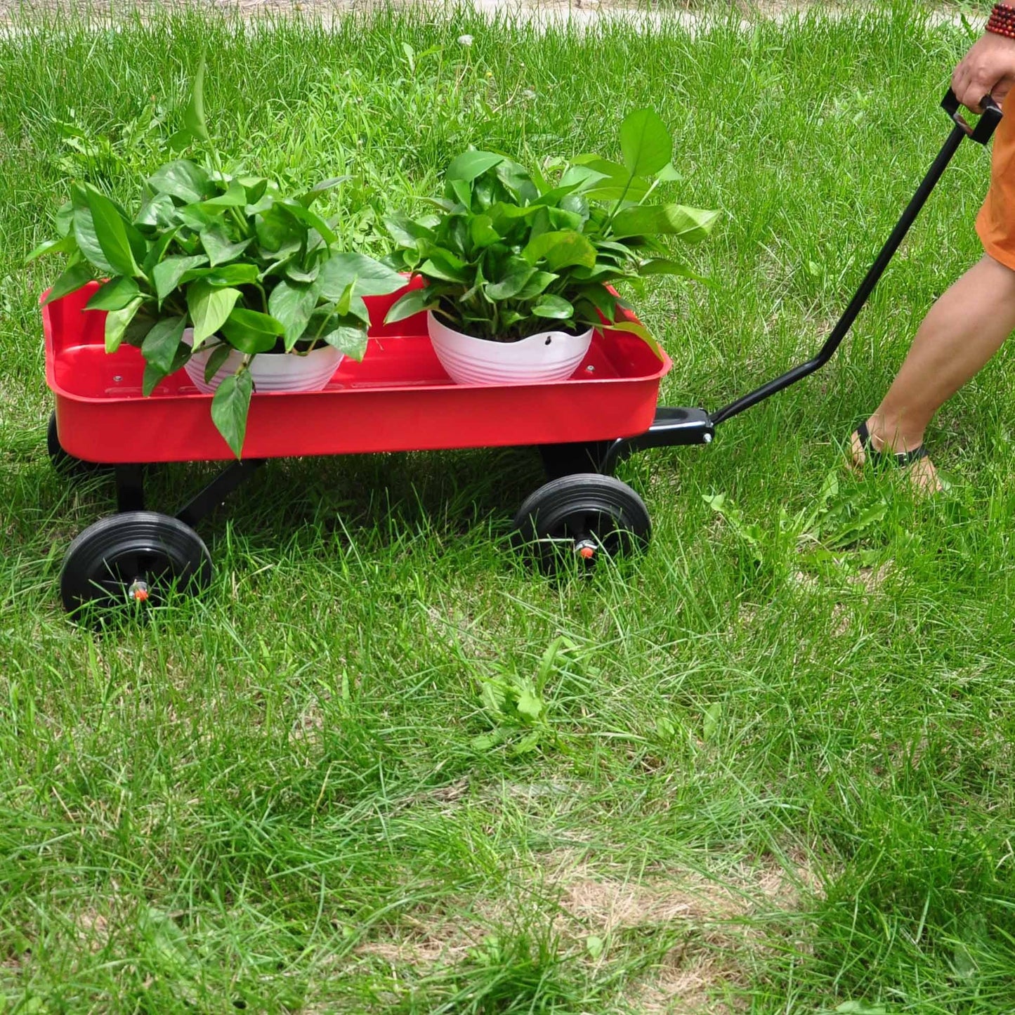 Garden cart Reuniong  Railing,  solid Wheels, All Terrain Cargo Wagon with 280lbs Weight Capacity, Red