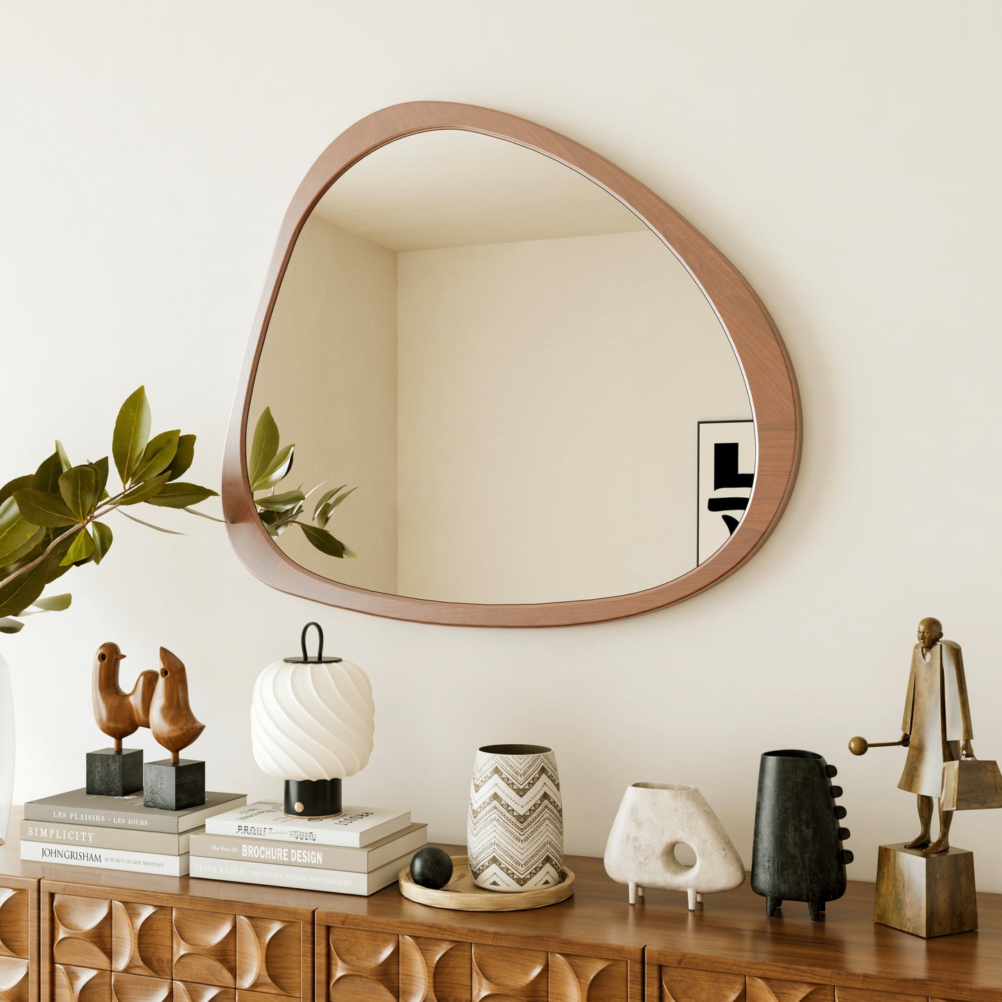 Solid Wood Mirror 45 Inch Asymmetrical Wall Mirror Wooden Framed Mirror Large Sized Dressing Mirror