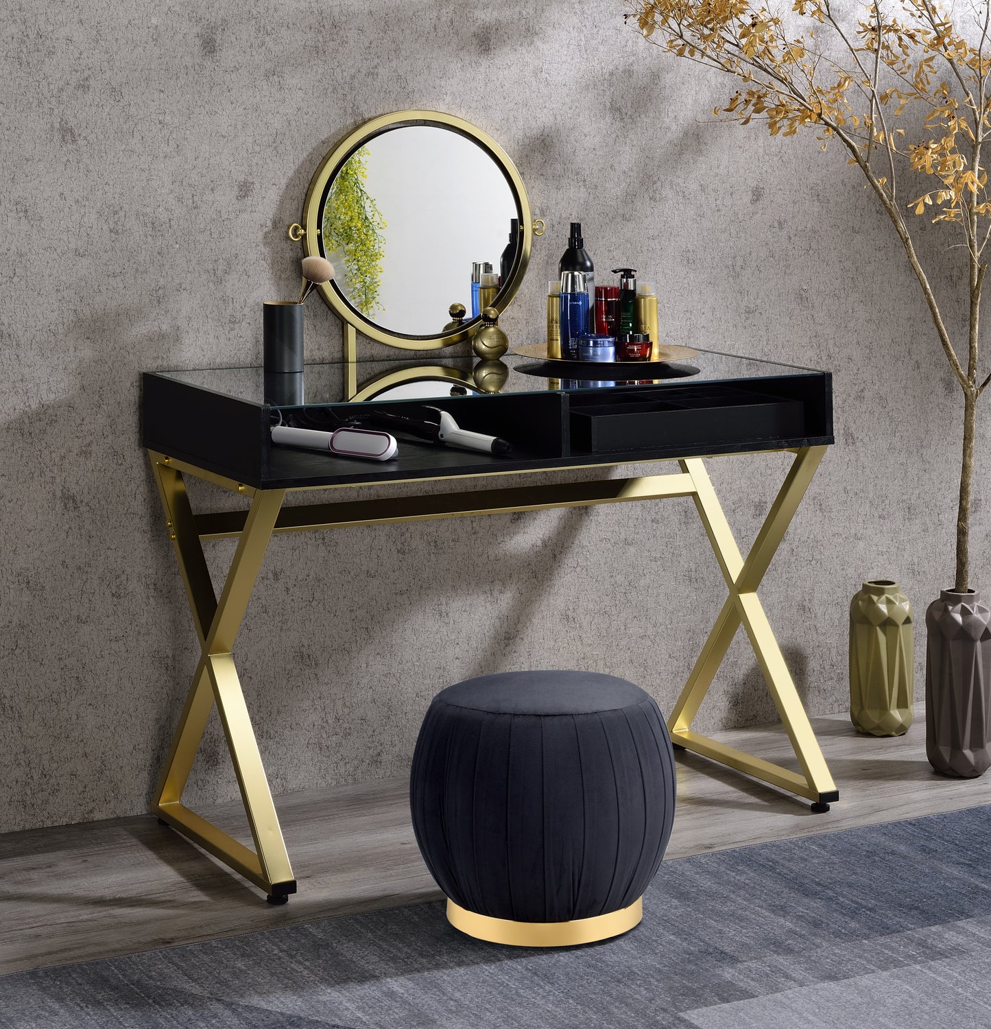 Vanity Desk w/Mirror & Jewelry Tray in Black & Gold Finish