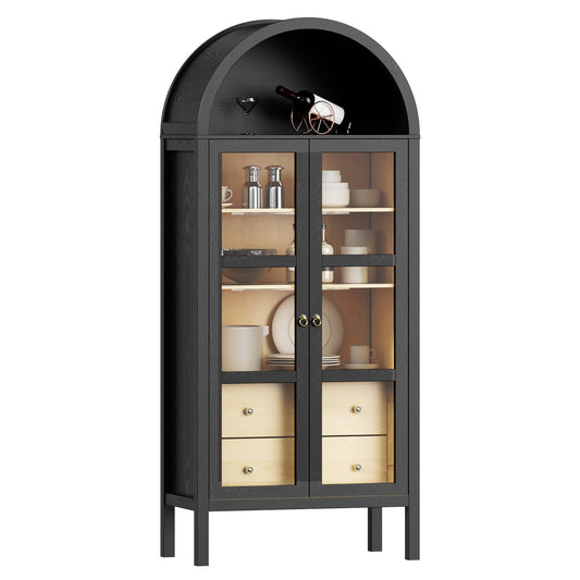 Modern Farmhouse Arched Cabinet with Glass Doors,72' Tall Auto Sensor Light Arch Storage Cabinet with Height Adjustable Shelf and 2 Drawers Display Bookshelf in Black Oak Wood Grain