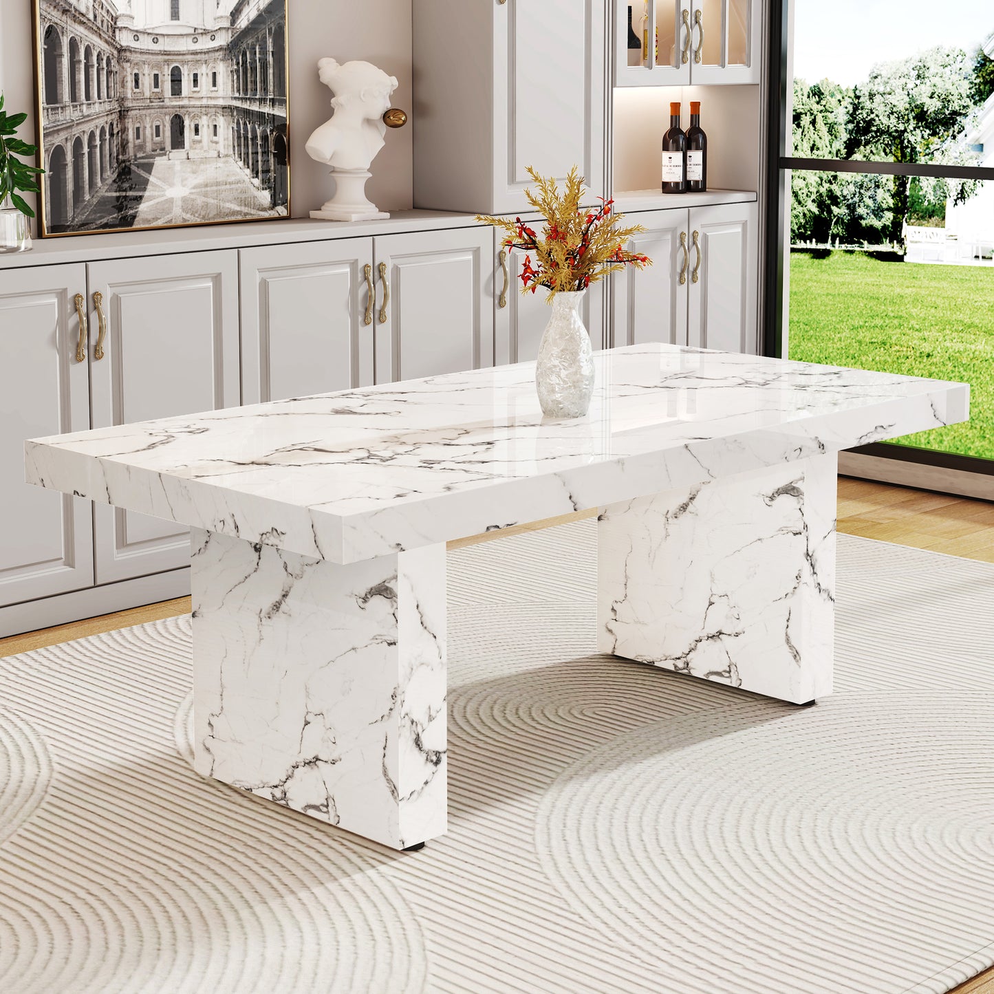 Luxurious Marble Pattern MDF Dining Table - A Choice of Subtle Luxury for Your Home.The white kitchen dining table has patterns and is suitable for 8-10 people.W1151S00674