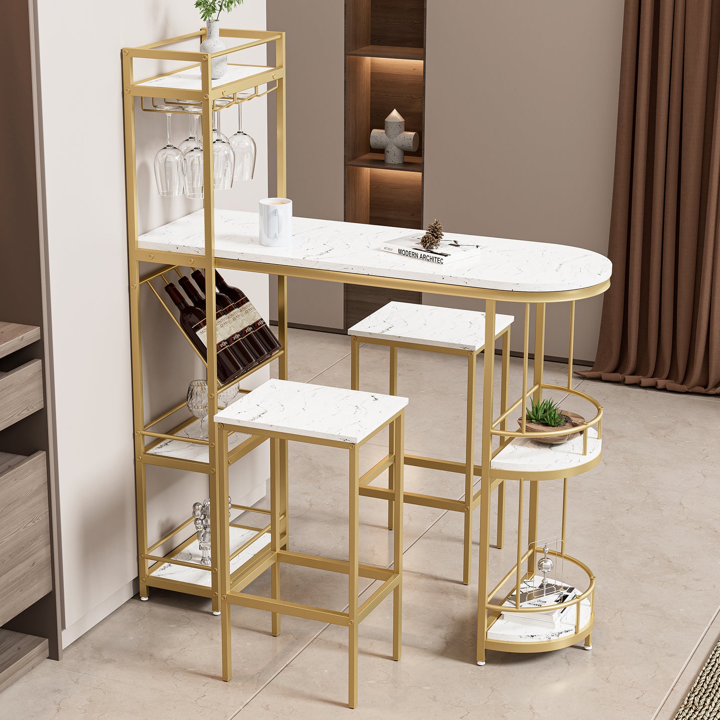 3 Pcs Bar Table and Chairs Set, Modern White Kitchen Bar Height Dining Table Wood Breakfast Pub Table with Gold Base with Shelves, Glass Rack, Wine Bottle Rack ,with 2 Bar Stools