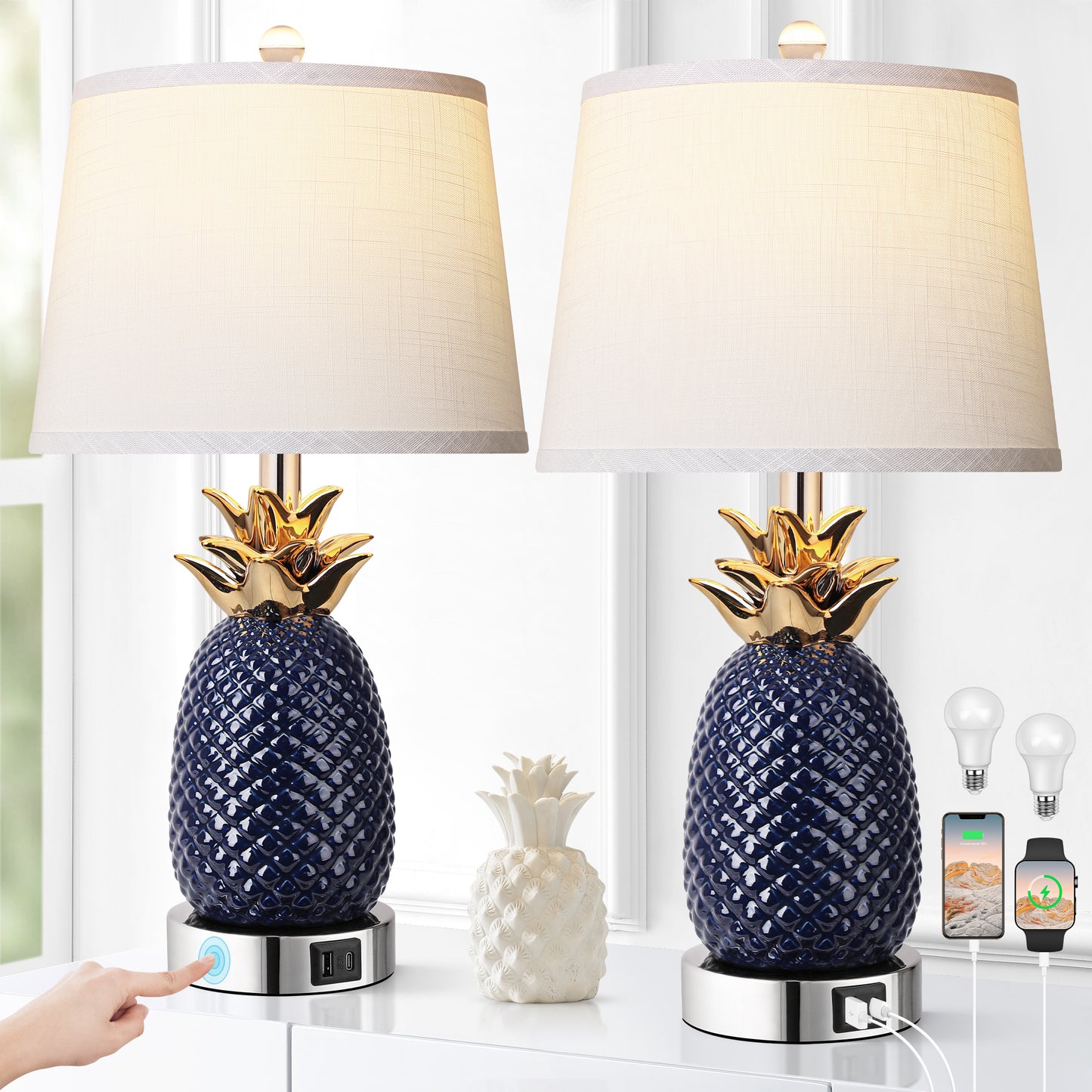 22' Pineapple Table Lamps Set of 2, 3 way Dimmable Ceramic Table Lamp, Navy Blue -Modern Table Lamp with USB Port, Tall Coastal Table Lamps, Bulbs Included, 9W