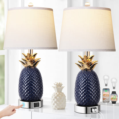 22' Pineapple Table Lamps Set of 2, 3 way Dimmable Ceramic Table Lamp, Navy Blue -Modern Table Lamp with USB Port, Tall Coastal Table Lamps, Bulbs Included, 9W