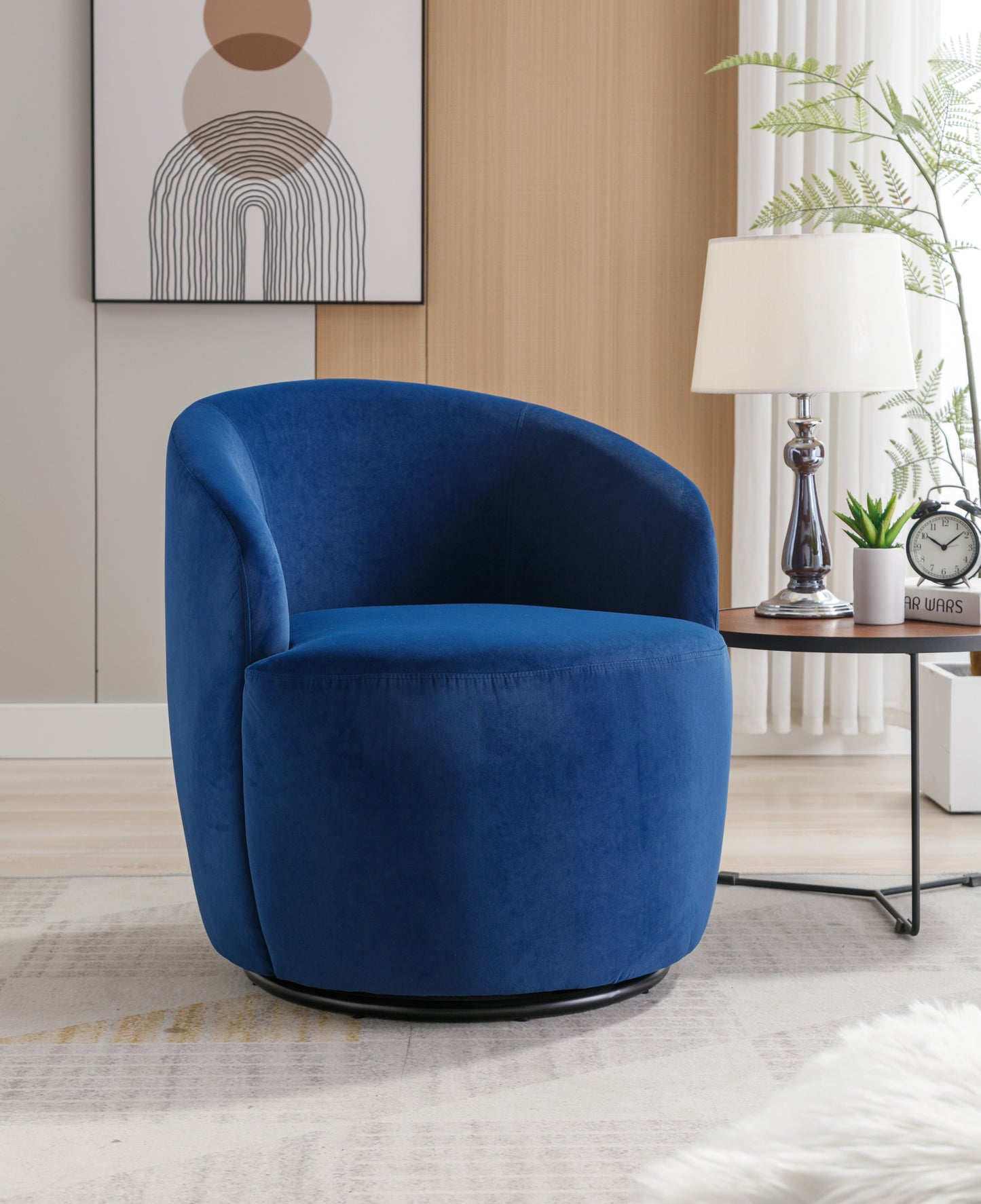 Velvet Fabric Swivel Accent Armchair Barrel Chair With Black Powder Coating Metal Ring,Blue