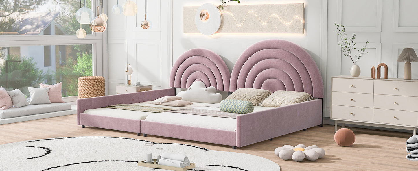 Twin+Full Upholstered Platform Bed Set with Semicircular Headboard, Pink