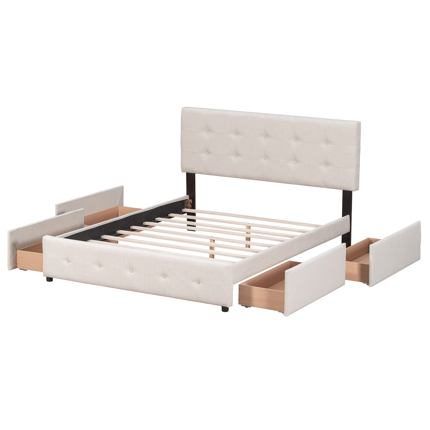 Upholstered Platform Bed with Classic Headboard and 4 Drawers, No Box Spring Needed, Linen Fabric, Queen Size Beige