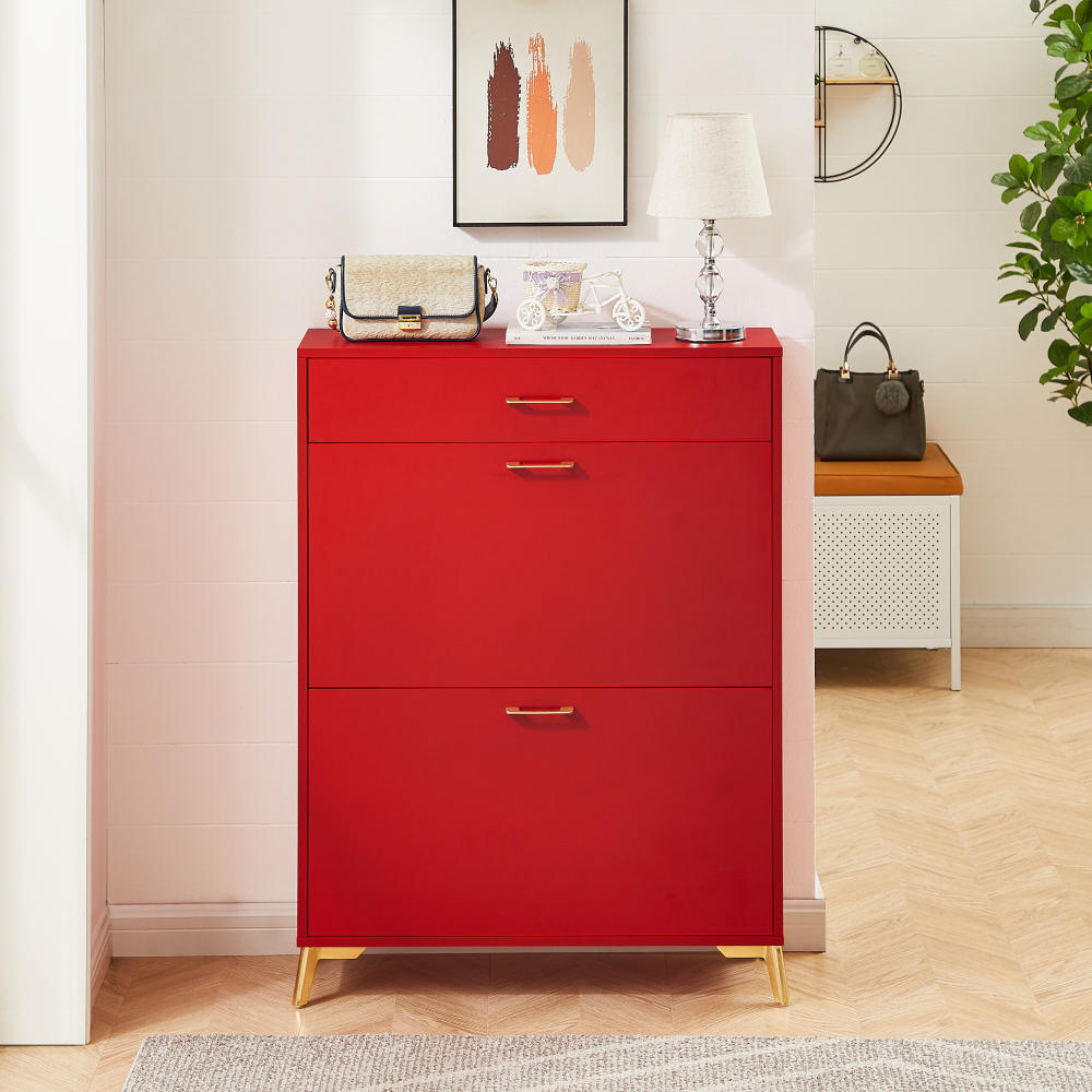 Shoe Storage Cabinet for Entryway, Free Standing Shoe Organizer with 2 Flip Drawers, Hidden Shoe Rack Storage Organizer for Doorway Hallway Closet, Red