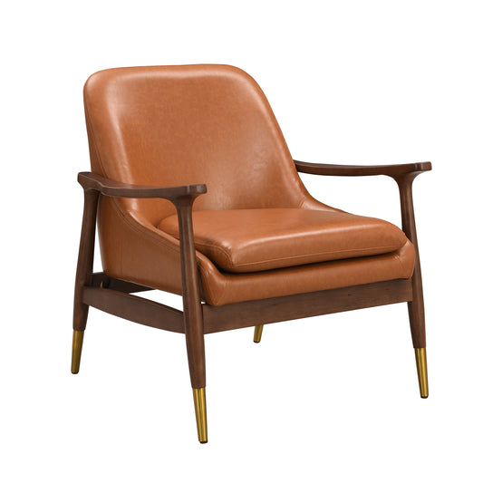 Mid-Century Faux Leather Accent Chair with Cushioned Seat, Solid Wood Frame, Brass-Tipped Legs, Brown