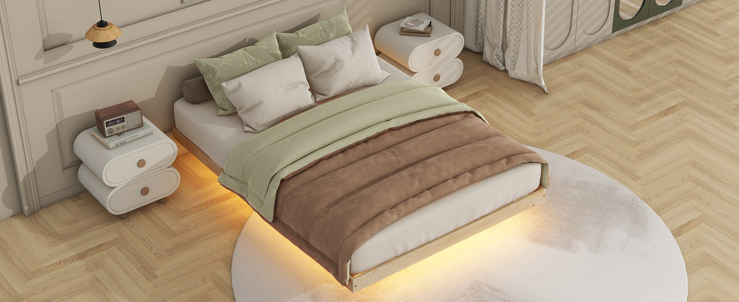 Full Size Floating Bed with LED Lights Underneath,Modern Full Size Low Profile Platform Bed with LED Lights,Natural