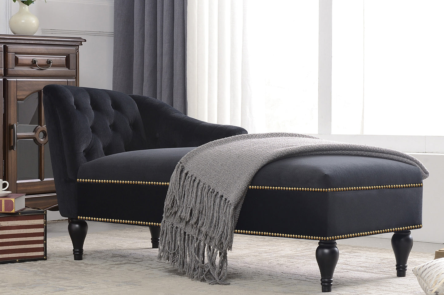 58''Velvet Chaise Lounge,Button Tufted Right Arm Facing Lounge Chair with Nailhead Trim & Solid Wood Legs