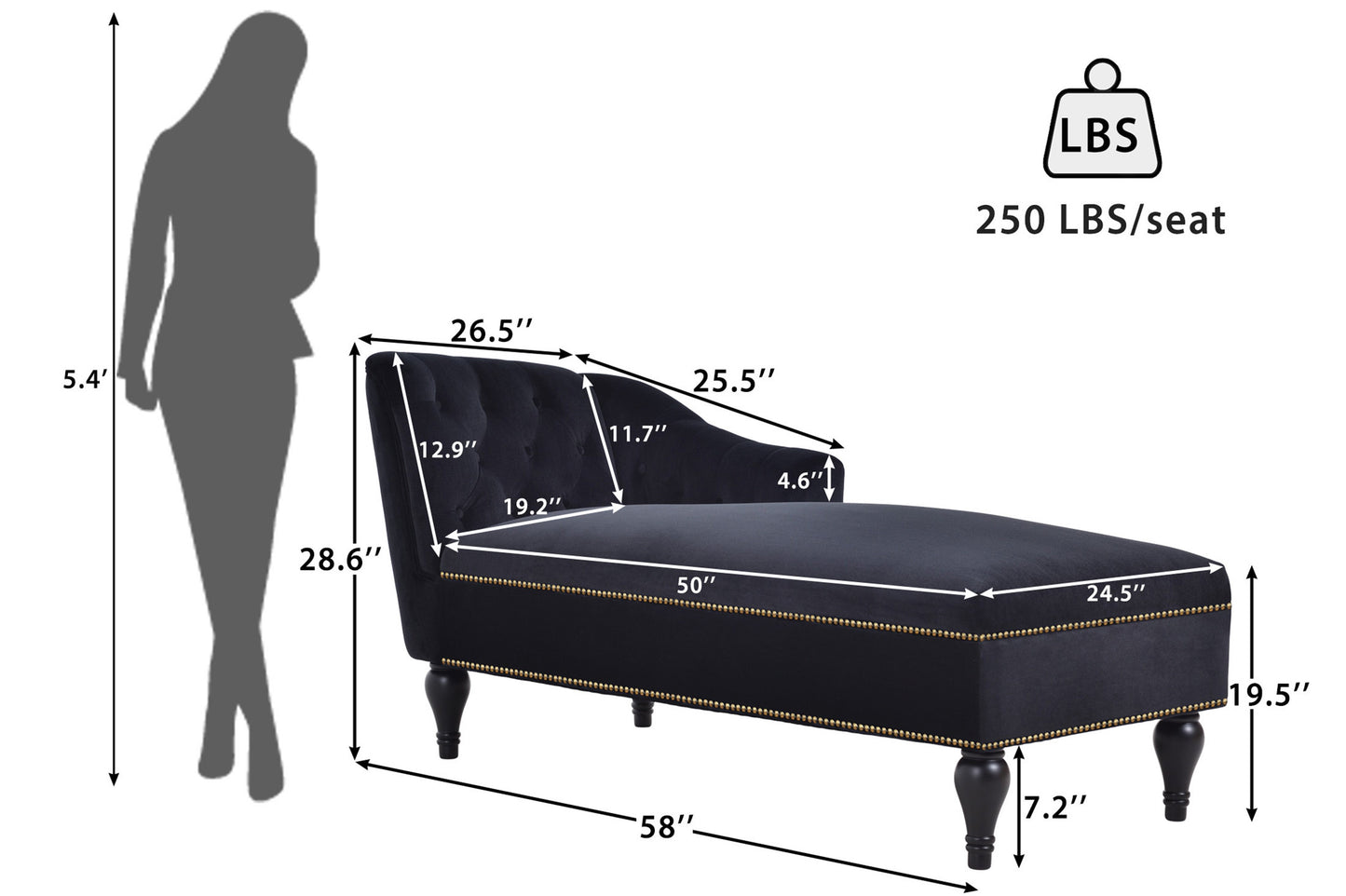 58''Velvet Chaise Lounge,Button Tufted Right Arm Facing Lounge Chair with Nailhead Trim & Solid Wood Legs