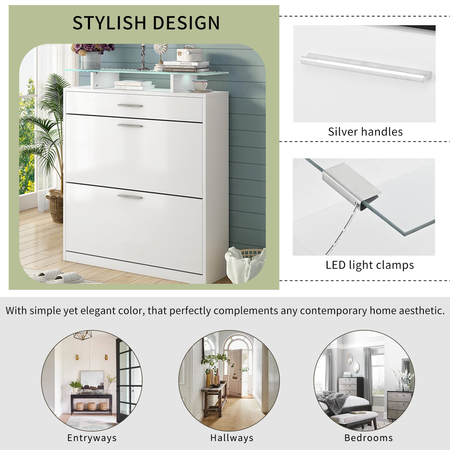 ON-TREND Slim Entryway Organizer with 2 Flip Drawers, Tempered Glass Top Shoe Storage Cabinet with Drawer, Free Standing Shoe Rack with LED Light for Hallway, White