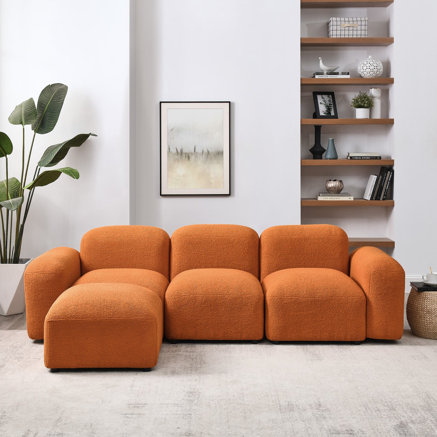 L-Shape Modular Sectional Sofa,DIY Combination,Teddy Fabric,Orange.