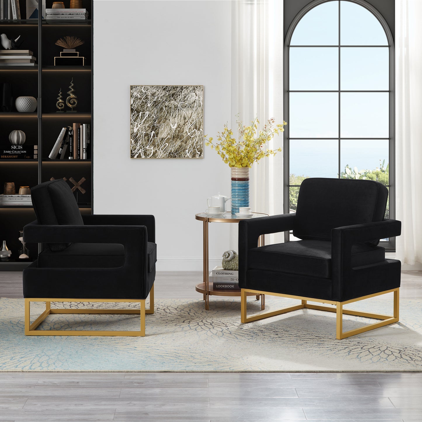 Modern Style Accent Chair with Gold Metal Base , Velvet Upholstered Leisure Chair with Open Armrest, Armchair, Black