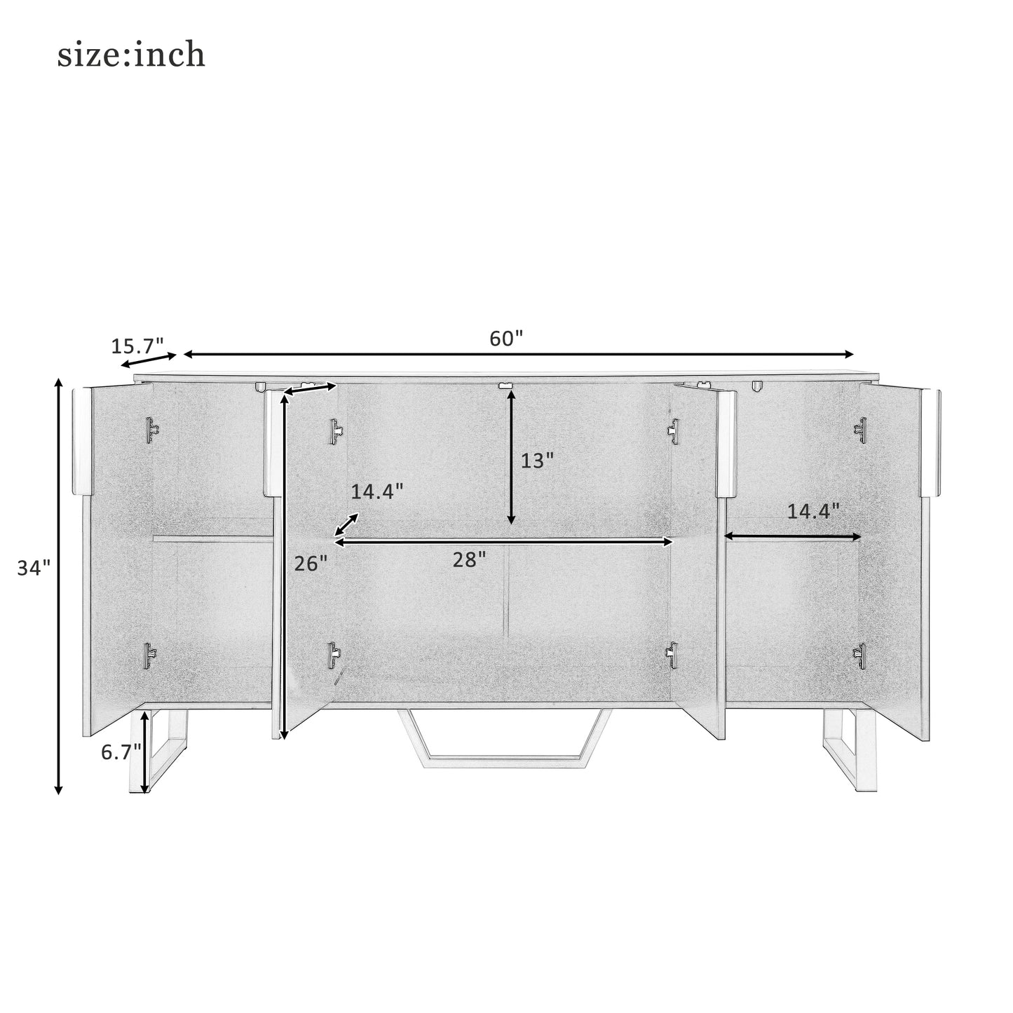 Modern sideboard with Four Doors, Metal handles & Legs and Adjustable Shelves Kitchen Cabinet (Black)