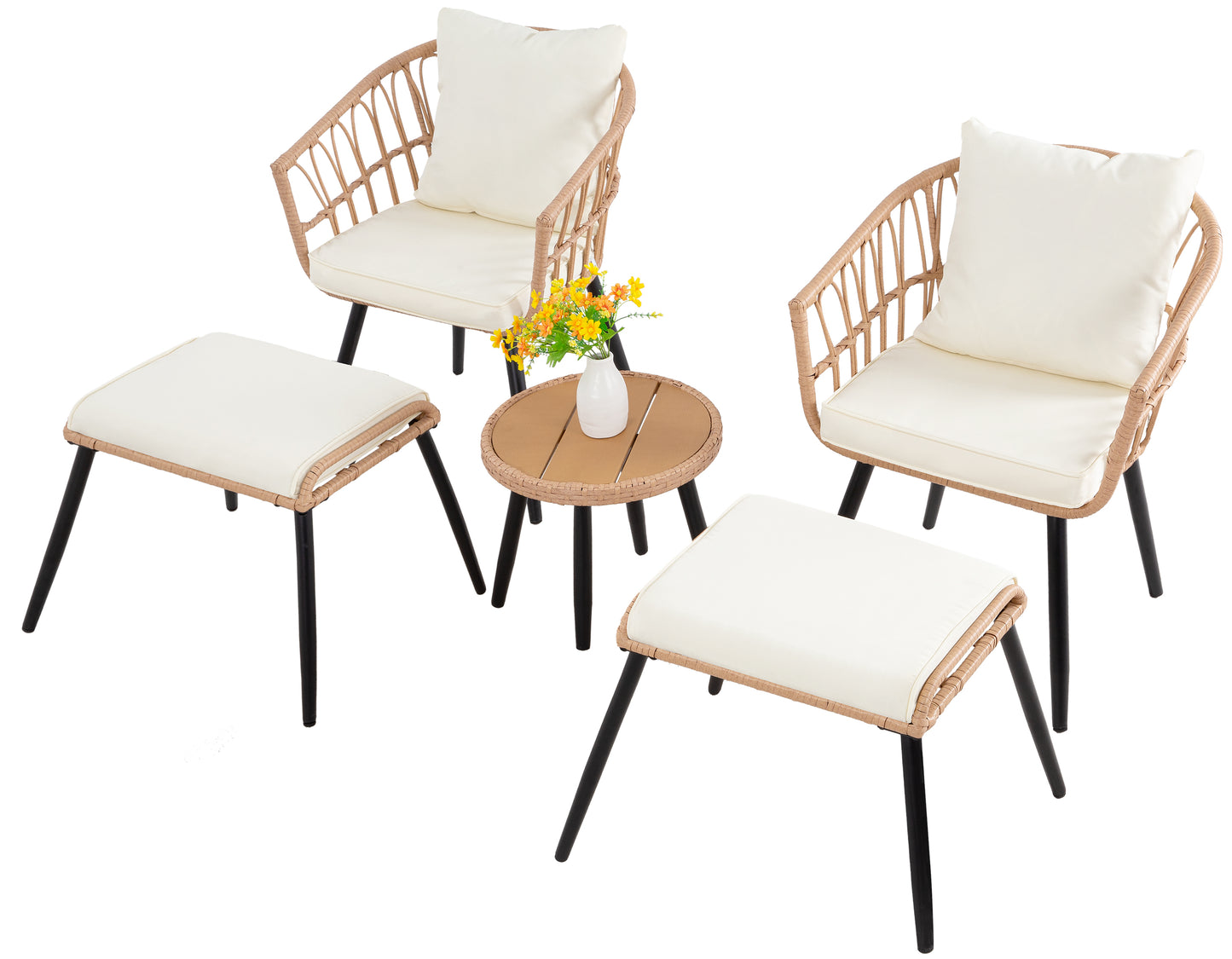 5 Piece Patio Bistro Set with Ottoman, Outdoor Wicker Apartment Balcony Furniture Sets, Rattan Table and Chairs Set of 2, Yellow,Beige