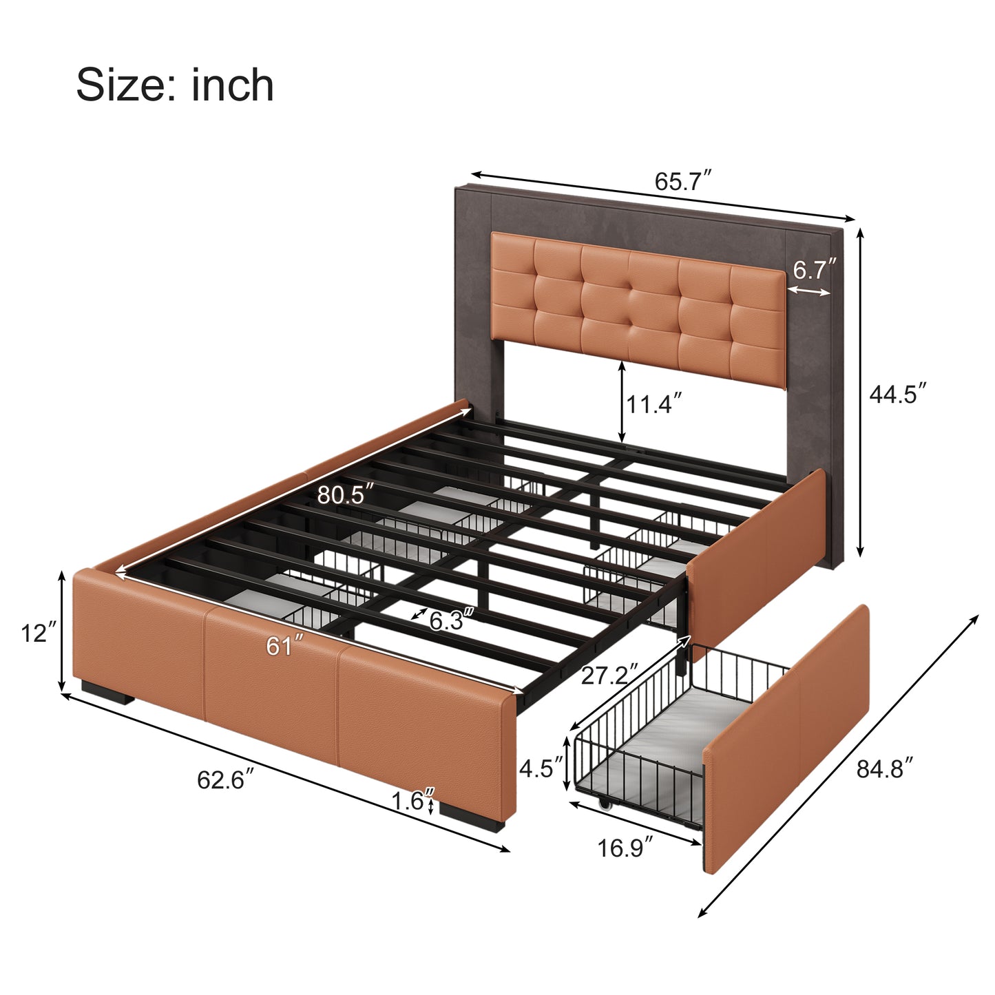 Modern Style Upholstered Queen Platform Bed Frame with Four Drawers, Button Tufted Headboard with PU Leather and Velvet, Two Color, Orange and Brown