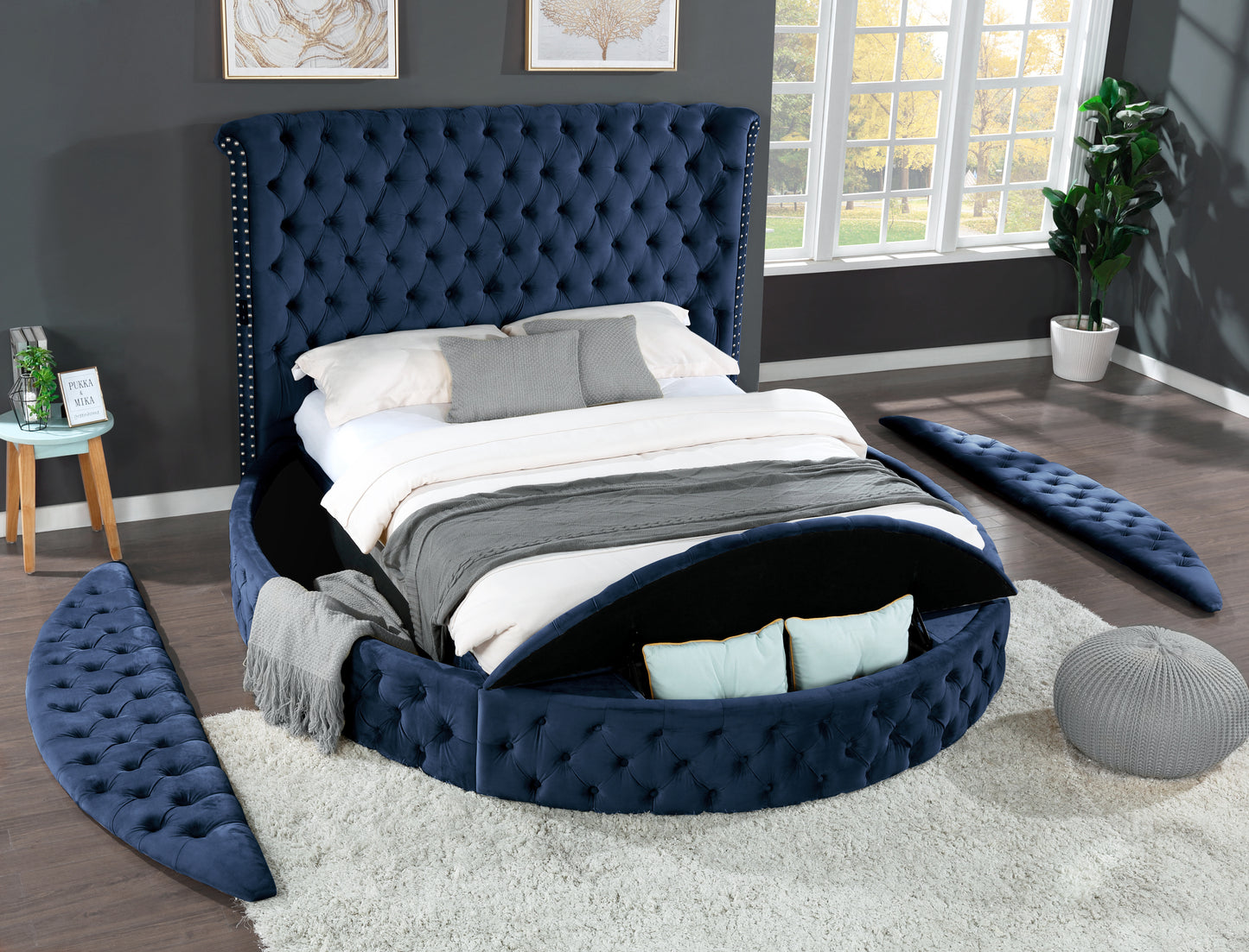 Hazel Queen Size Tufted Storage Bed made with Wood in Blue