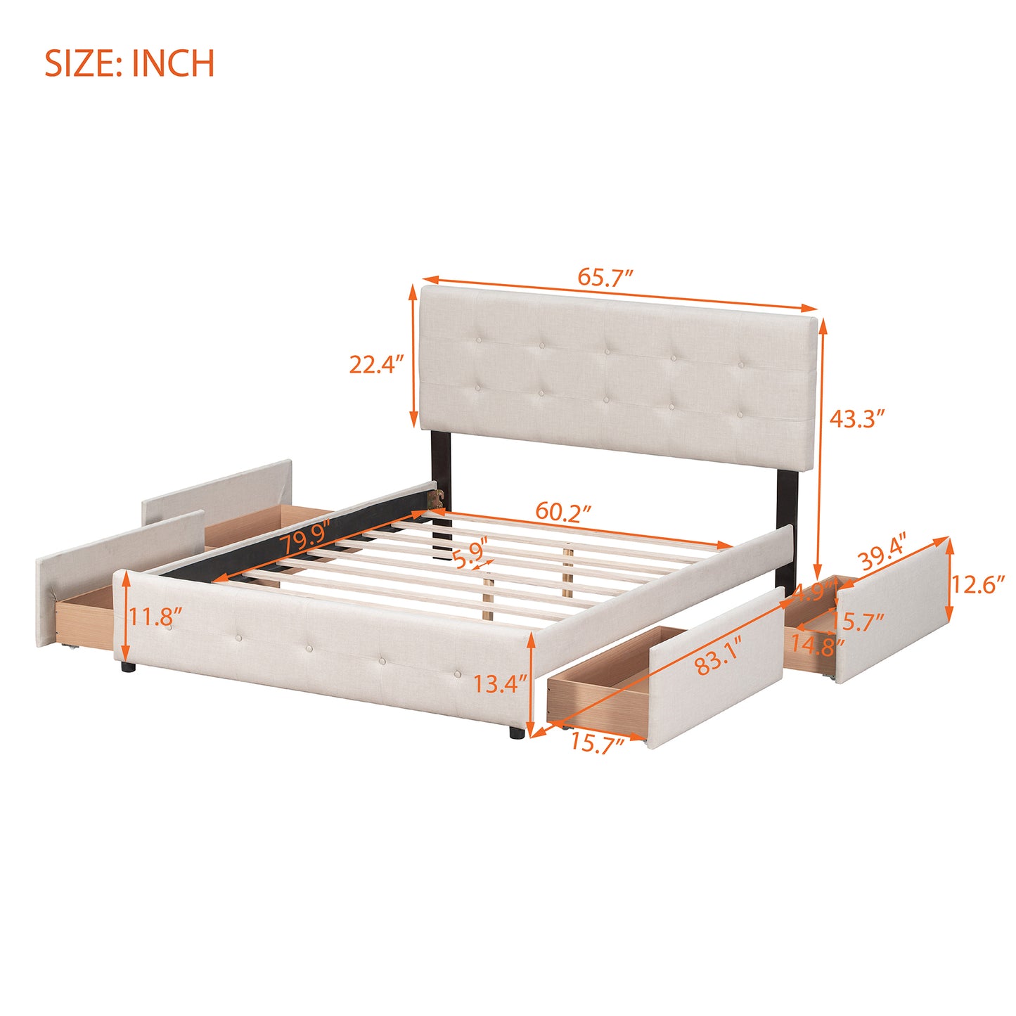 Upholstered Platform Bed with Classic Headboard and 4 Drawers, No Box Spring Needed, Linen Fabric, Queen Size Beige