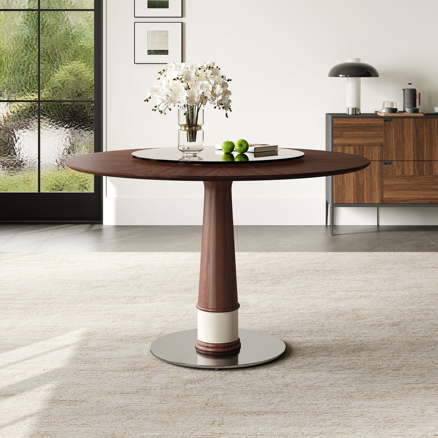47 Inch Solid Wood Dining Table with 23 Inch Tempered Glass Lazy Susan, Stainless Steel Base Round Kitchen Table Retro Fashion Home Restaurant Office Table