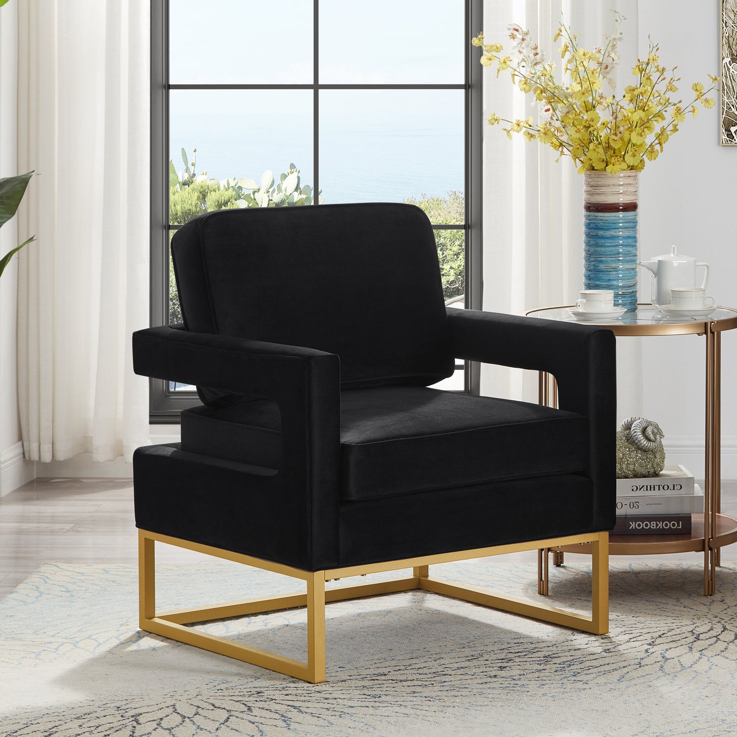 Modern Style Accent Chair with Gold Metal Base , Velvet Upholstered Leisure Chair with Open Armrest, Armchair, Black