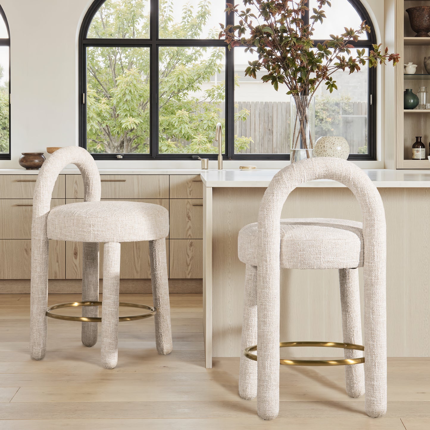 Penny 26.5' Round Arched Upholstered Counter Stool, Set of 2, Travertine Beige Chenille