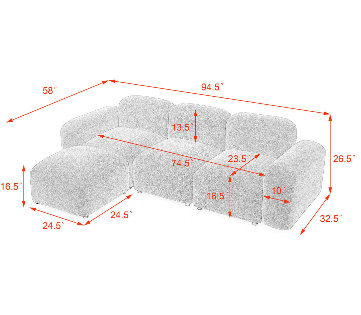 L-Shape Modular Sectional Sofa,DIY Combination,Teddy Fabric,Orange.