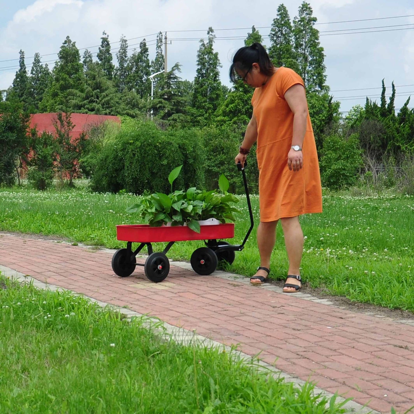 Garden cart Reuniong  Railing,  solid Wheels, All Terrain Cargo Wagon with 280lbs Weight Capacity, Red