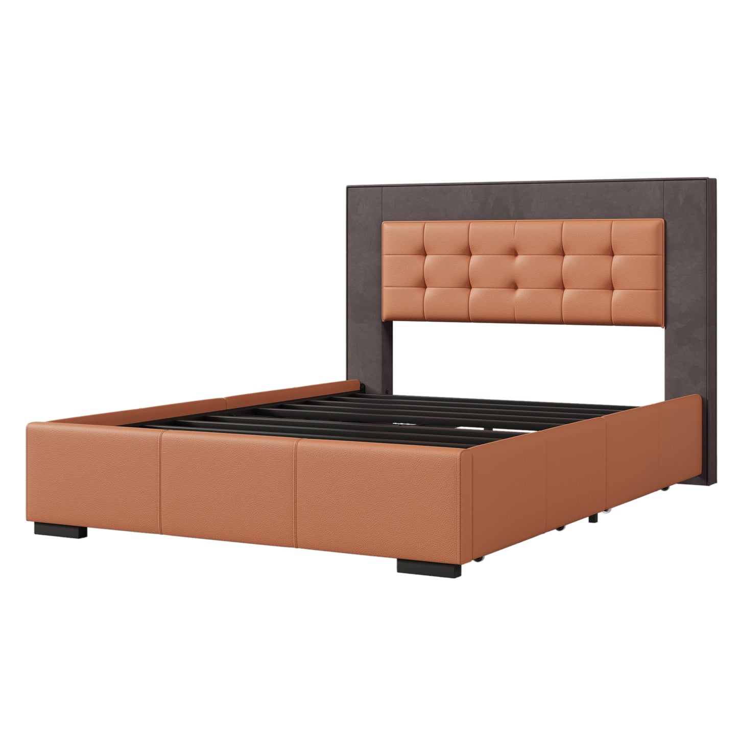 Modern Style Upholstered Queen Platform Bed Frame with Four Drawers, Button Tufted Headboard with PU Leather and Velvet, Two Color, Orange and Brown