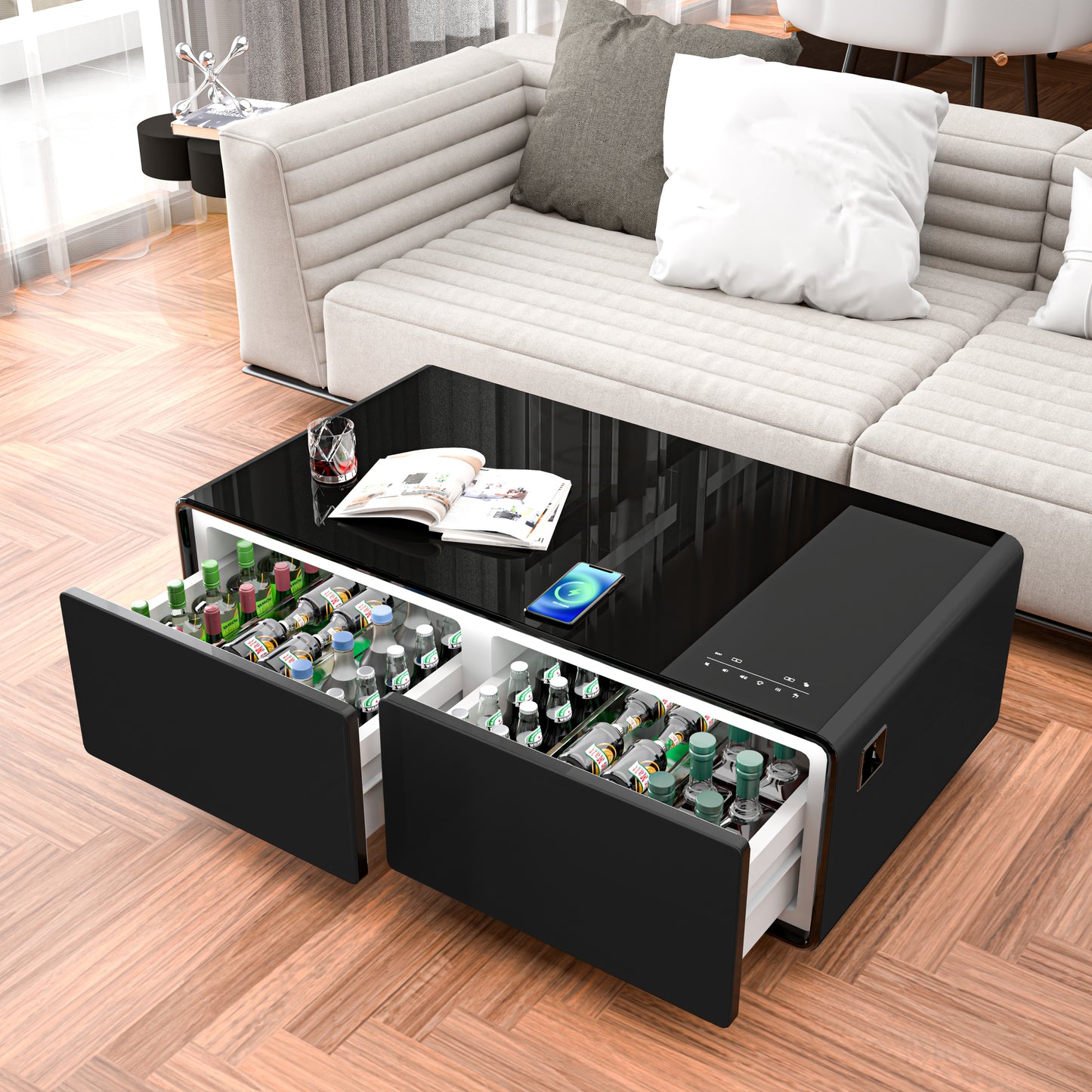 Modern Smart Coffee Table with Built-in Fridge, Bluetooth Speaker, Wireless Charging Module, Touch Control Panel, Power Socket, USB Interface, Outlet Protection, Atmosphere light, Black