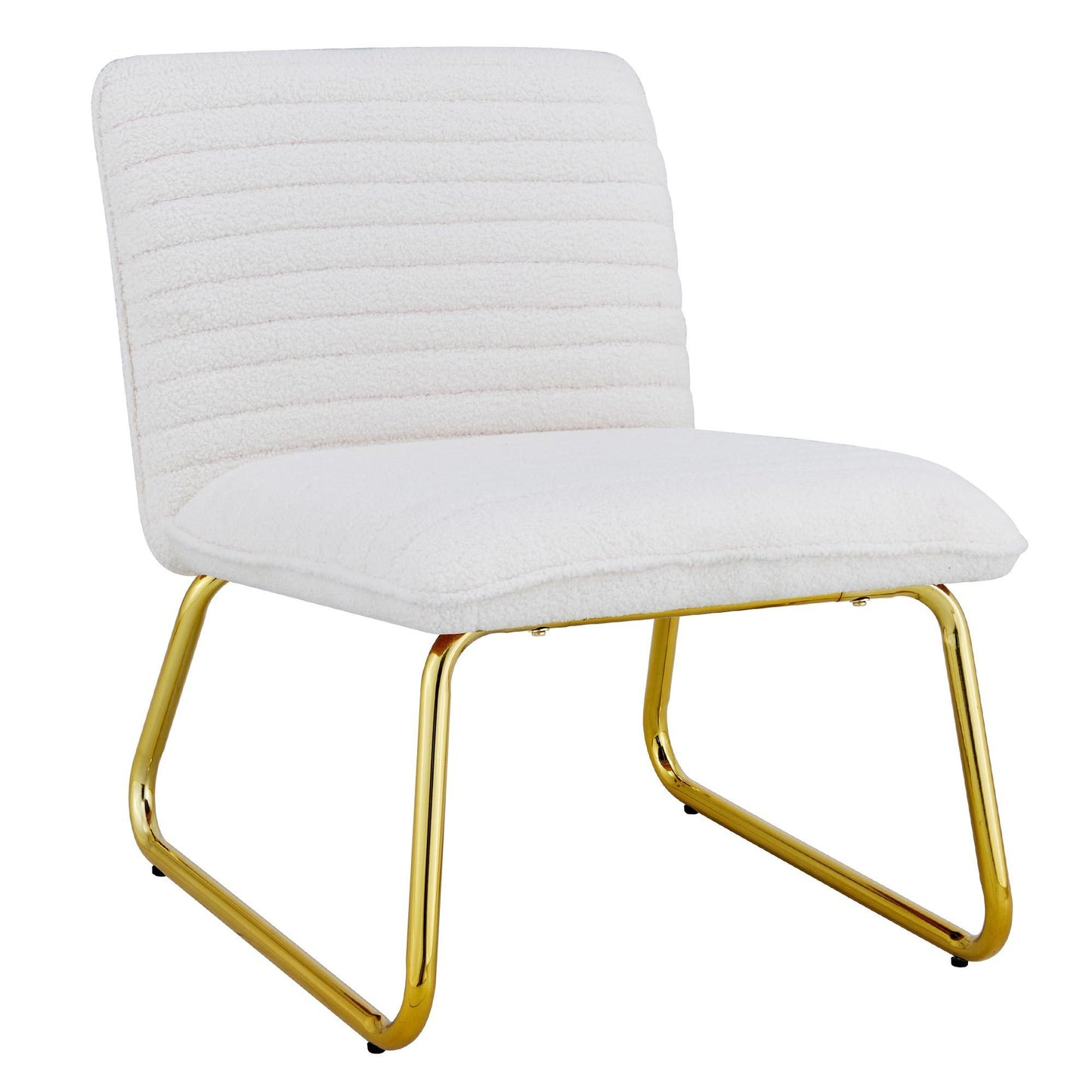 One White minimalist armless sofa chair with plush cushion and backrest paired with golden metal legs