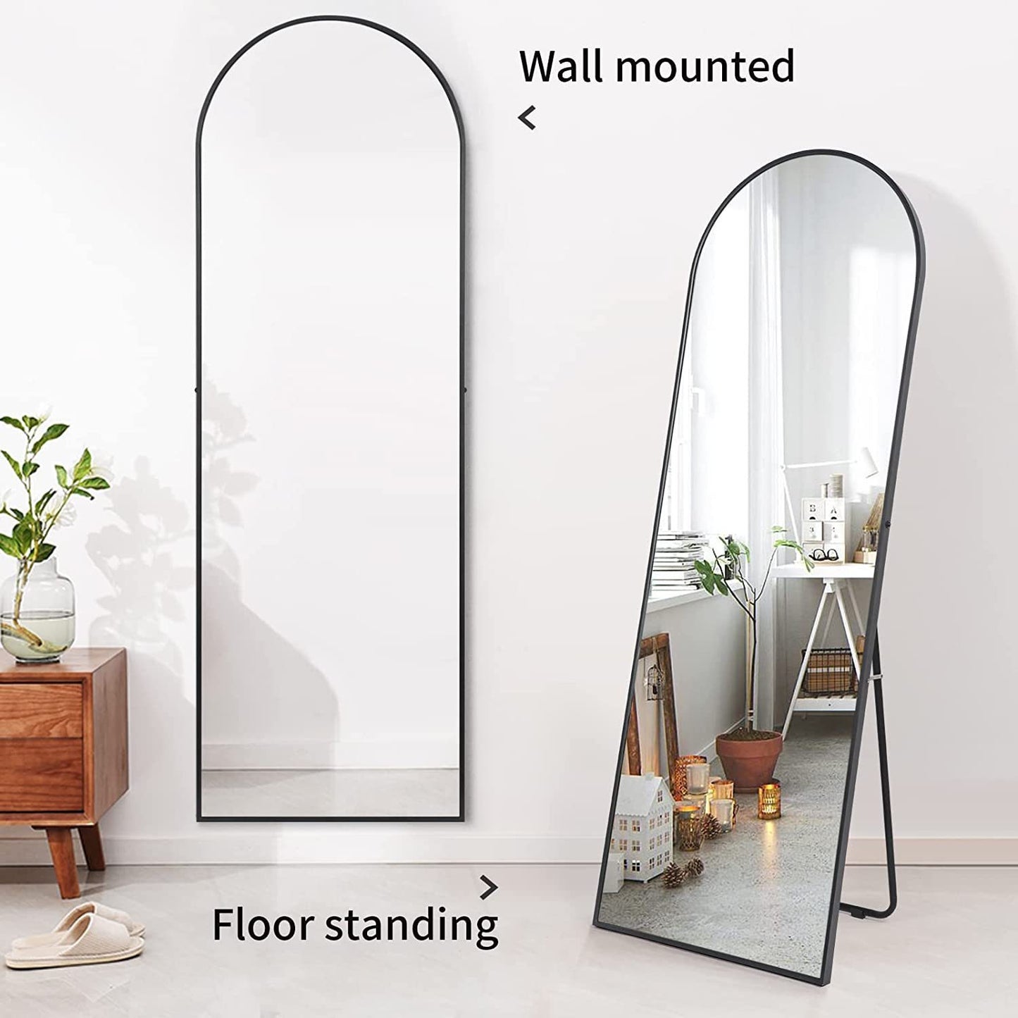 Full Length Mirror, Arched-Top Full Body Mirror with Stand, Floor Mirror & Wall-Mounted Mirro