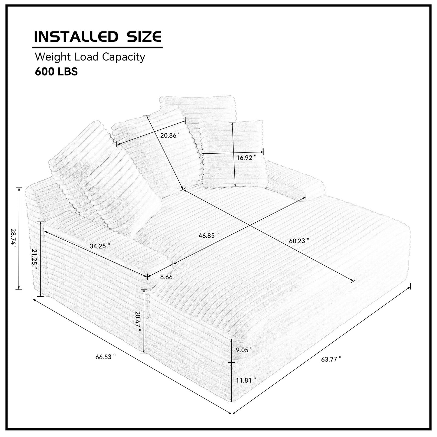 Modern Double Sleeper Sofa Comfortable Cloud Couch Soft Fluffy Corduroy Upholstery with Square Armrests