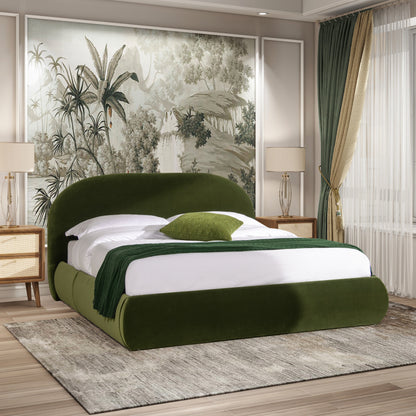 Archie Puffy Grounded Upholstered Platform QUEEN Bed, Olive Green Performance Velvet