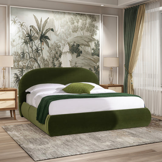 Archie Puffy Grounded Upholstered Platform QUEEN Bed, Olive Green Performance Velvet