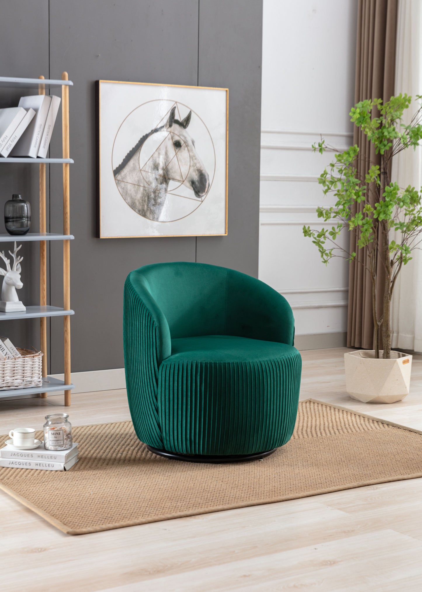 Velvet Fabric Swivel Accent Armchair Barrel Chair With Black Powder Coating Metal Ring,Green