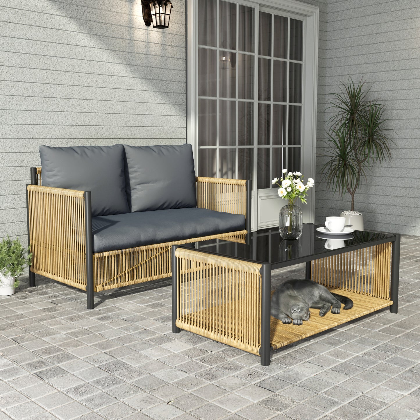 OUTDOOR Patio 4 Pieces Brown PE Wicker Sofa Set with Grey Cushion