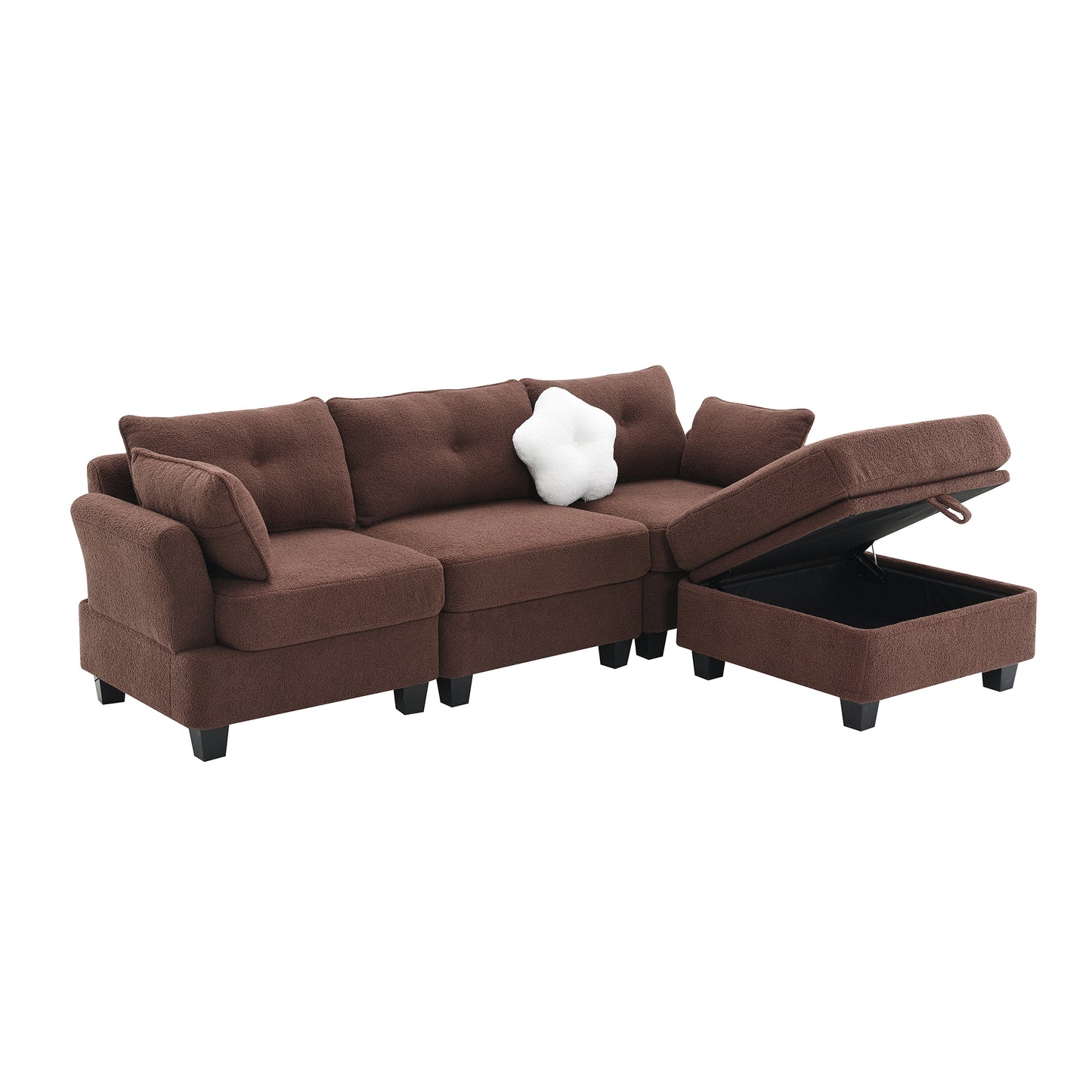 92*63"Modern Teddy Velvet Sectional Sofa,Charging Ports on Each Side,L-shaped Couch with Storage Ottoman,4 seat Interior Furniture 3 Colors(3 pillows)