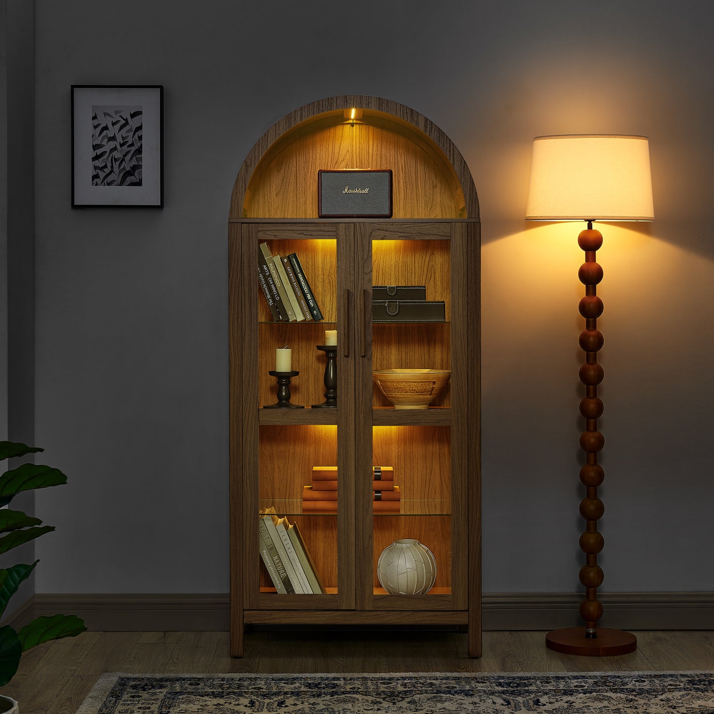 A high arched storage cabinet with a lamp, a modern retro-style wooden storage cabinet with adjustable glass partitions-Brown
