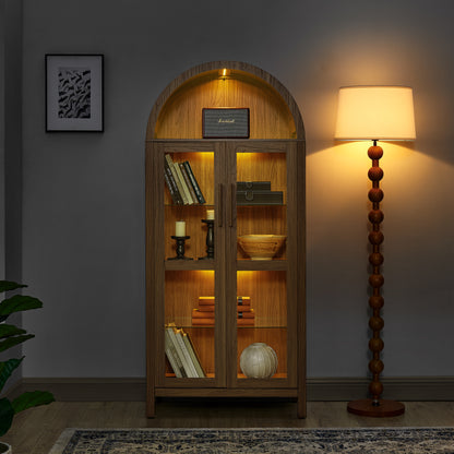 A high arched storage cabinet with a lamp, a modern retro-style wooden storage cabinet with adjustable glass partitions-Brown