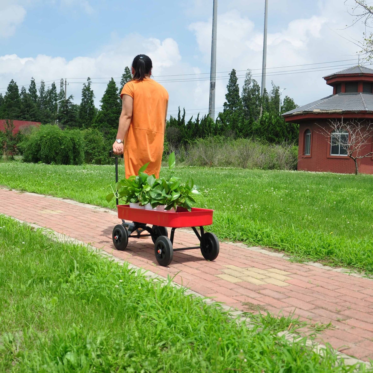 Garden cart Reuniong  Railing,  solid Wheels, All Terrain Cargo Wagon with 280lbs Weight Capacity, Red